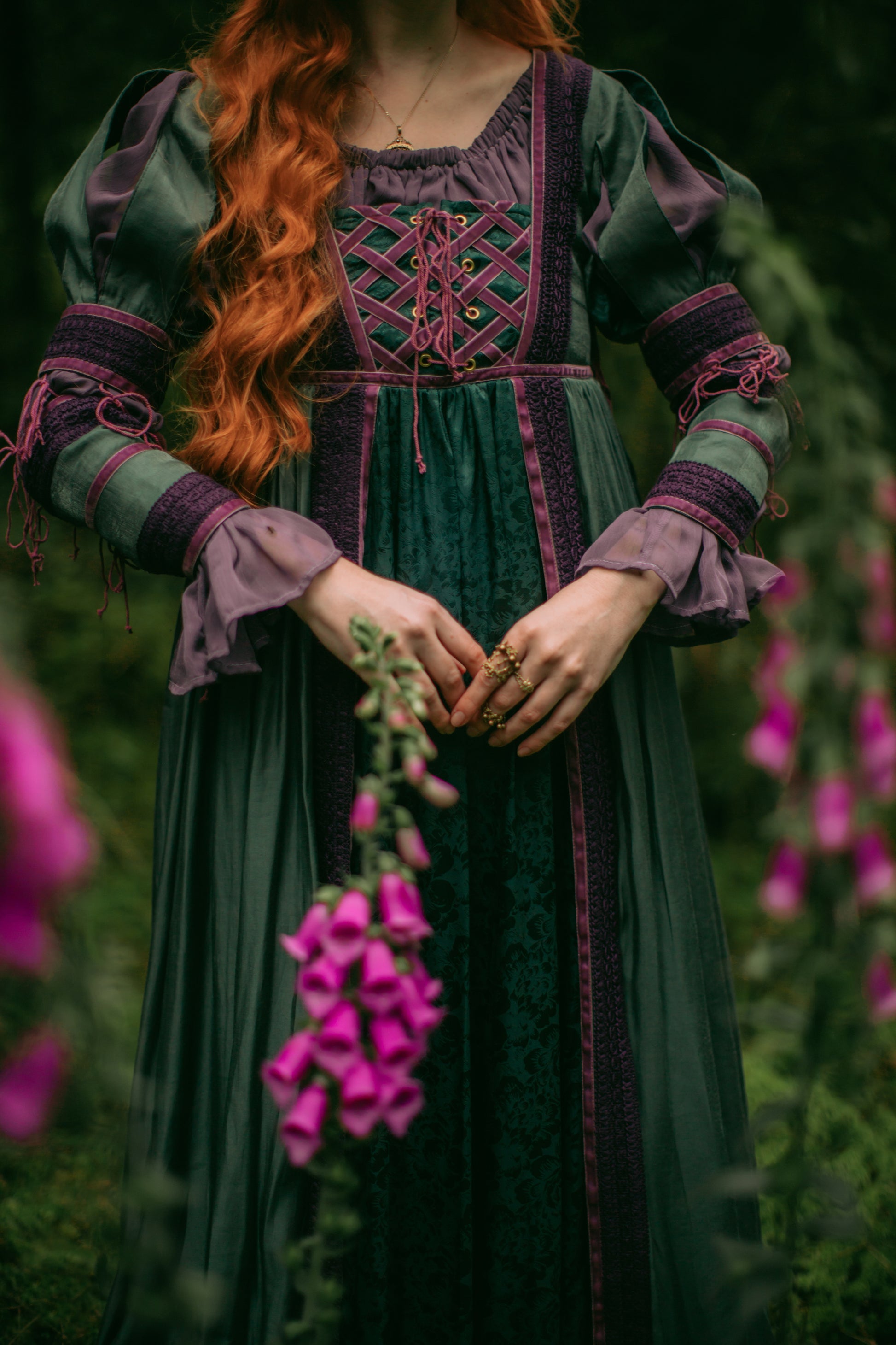 green and purple medieval dress Medieval Dress Greensleeves for Noblewomen . Available in: blue grey wool, black raspberry natural wool, dark viridian natural wool, viridian green natural wool, avocado green wool, blue rowena trim, princess in exile