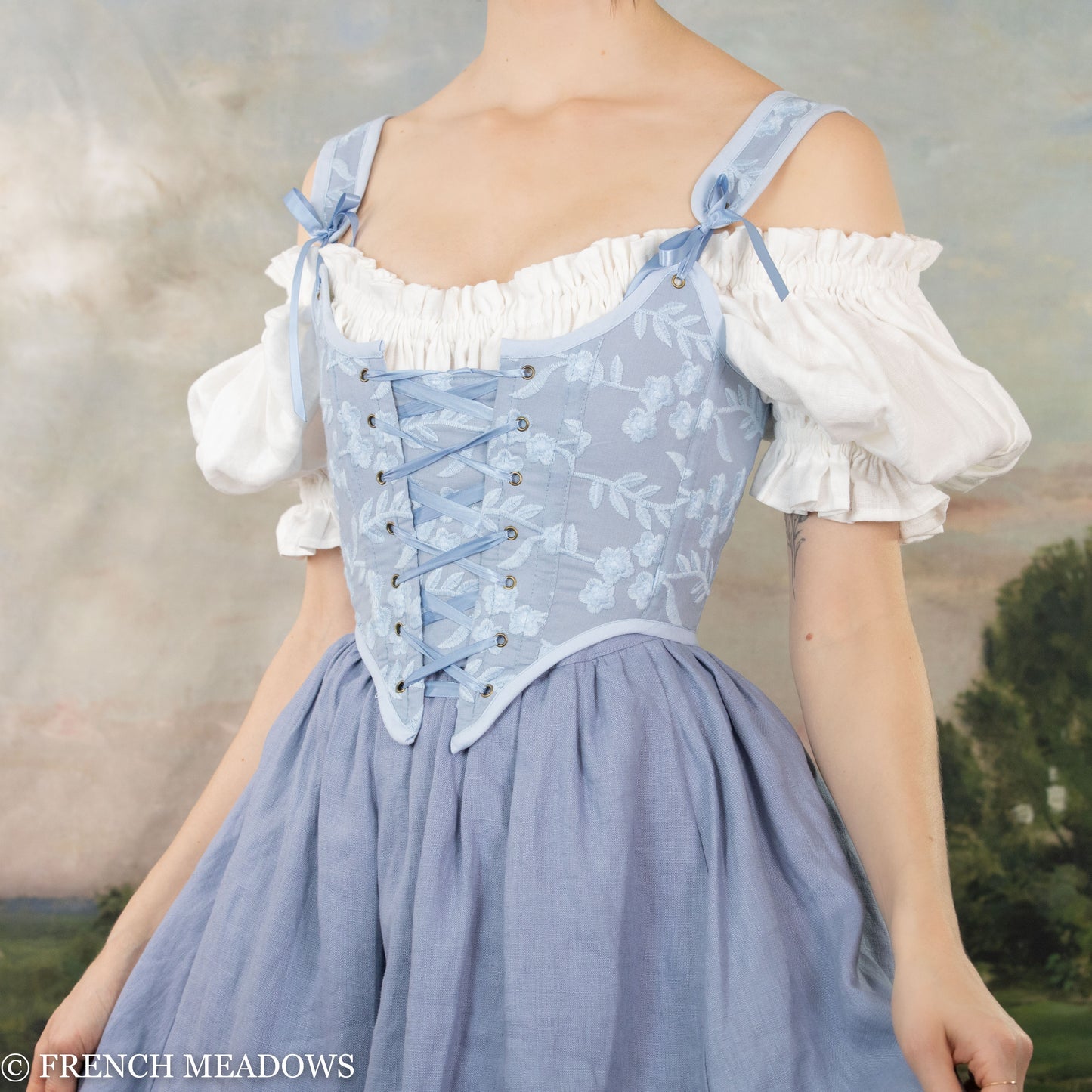 READY TO SHIP Light Blue Embroidered Floral Renaissance Bodice