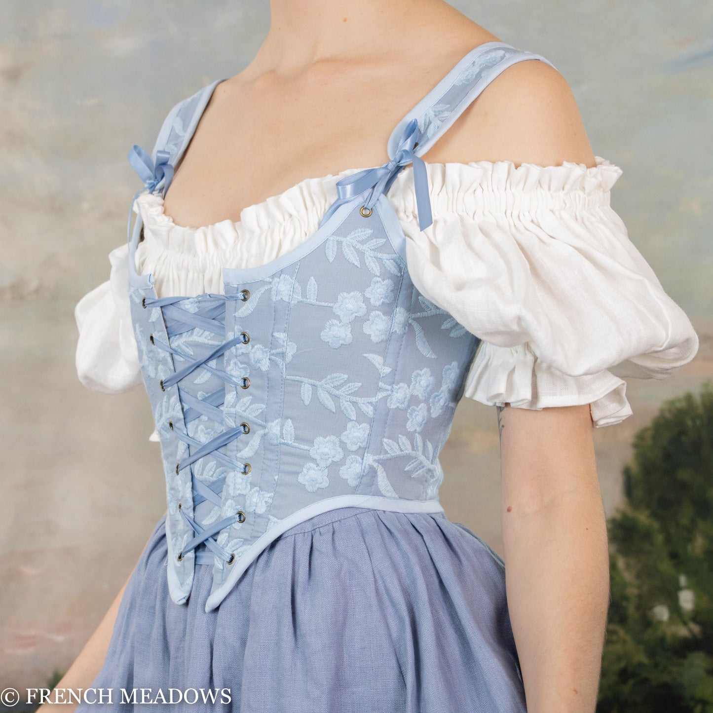 READY TO SHIP Light Blue Embroidered Floral Renaissance Bodice