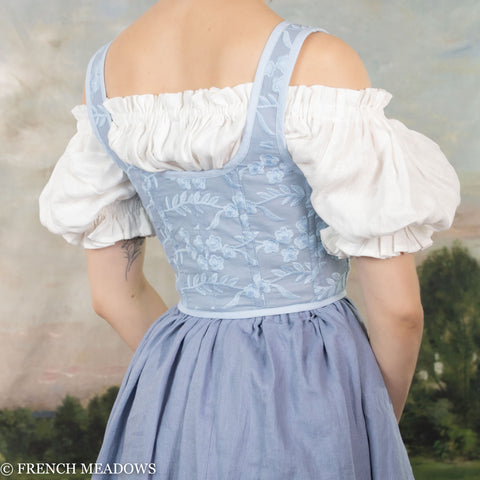 Handmade Light Blue Embroidered Floral Renaissance Bodice