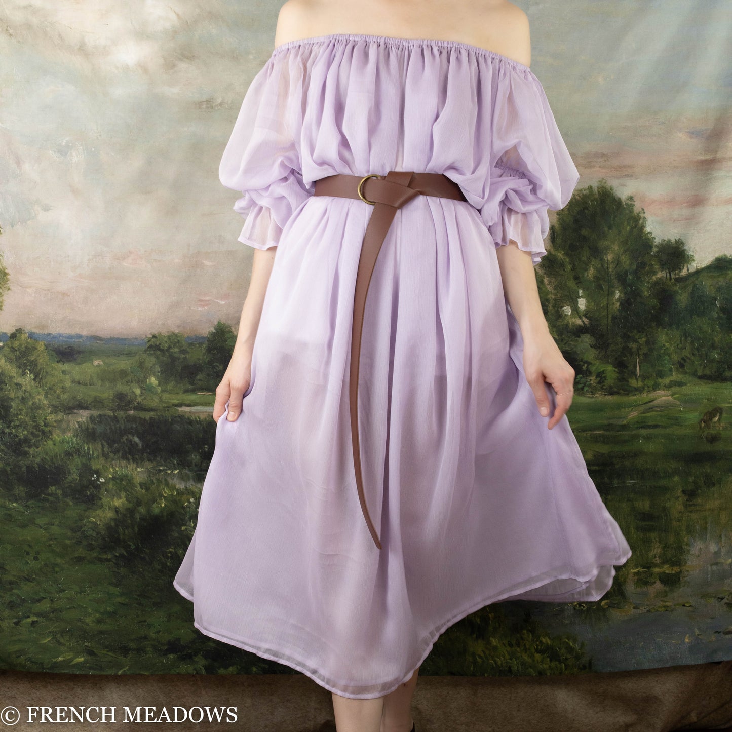 model weraing long sleeve lilac fairy dress