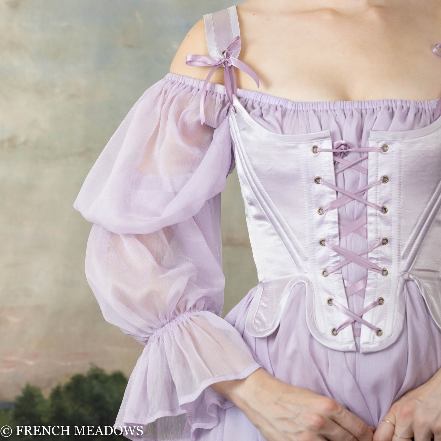 close up view of sleeves on lilac chiffon chemise dress