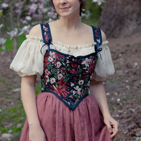 Dark Blue Floral Tapestry Corset Top