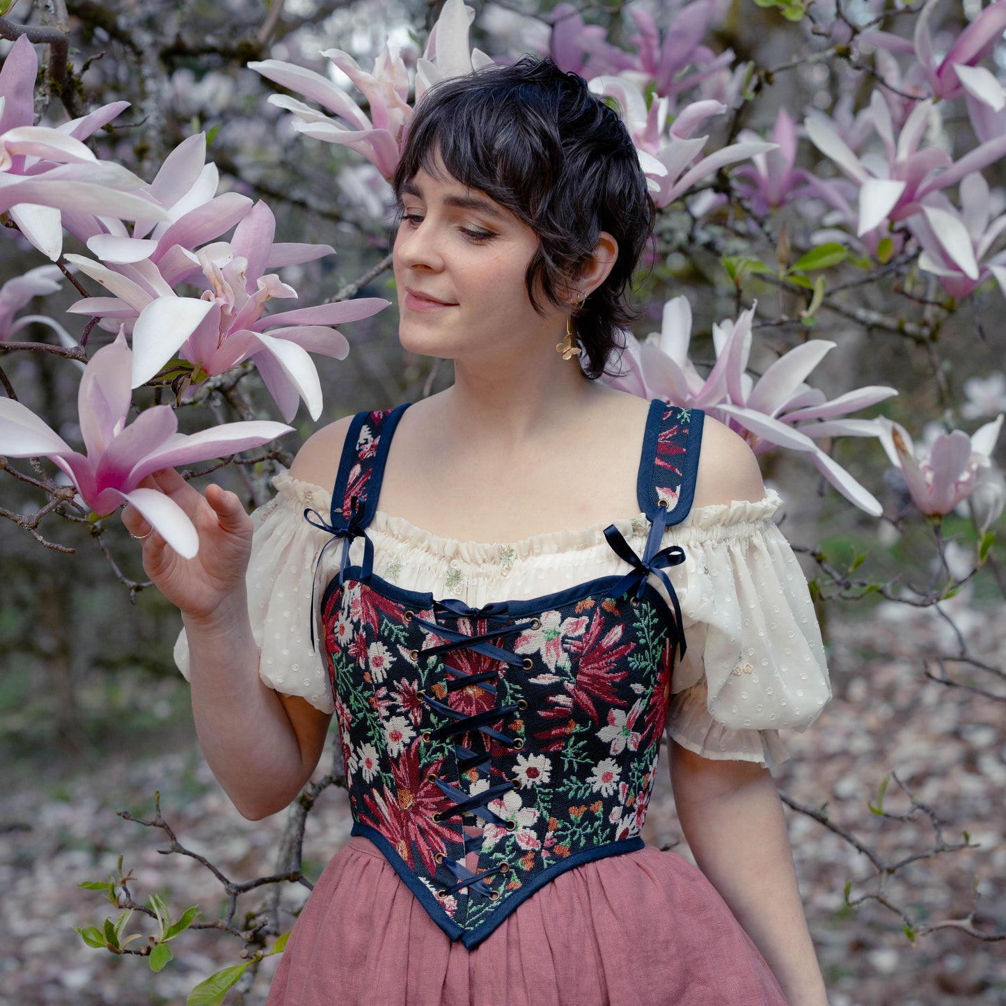 Dark Blue Floral Tapestry Corset Top