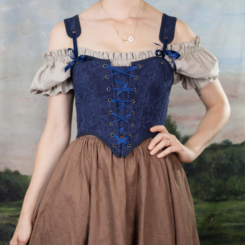 Navy Blue Embroidered Paisley Corset Top