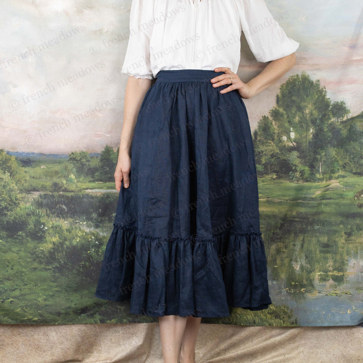 Navy Blue Linen Midi Skirt