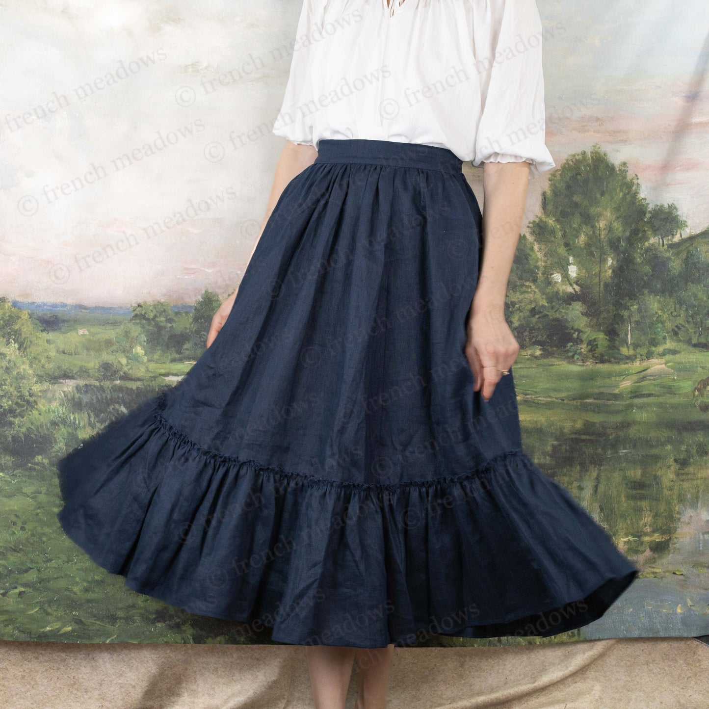 Navy Blue Linen Midi Skirt