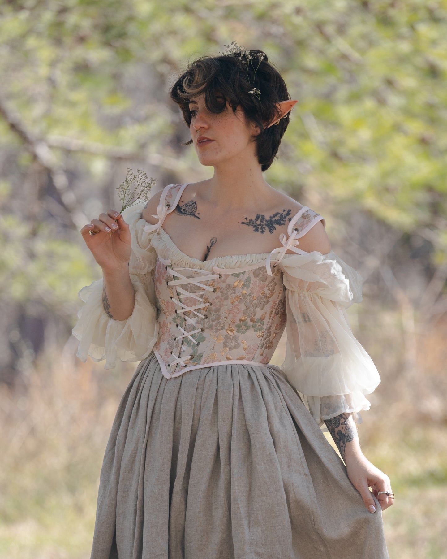 Handmade Pink Gold and Green Jacquard Corset