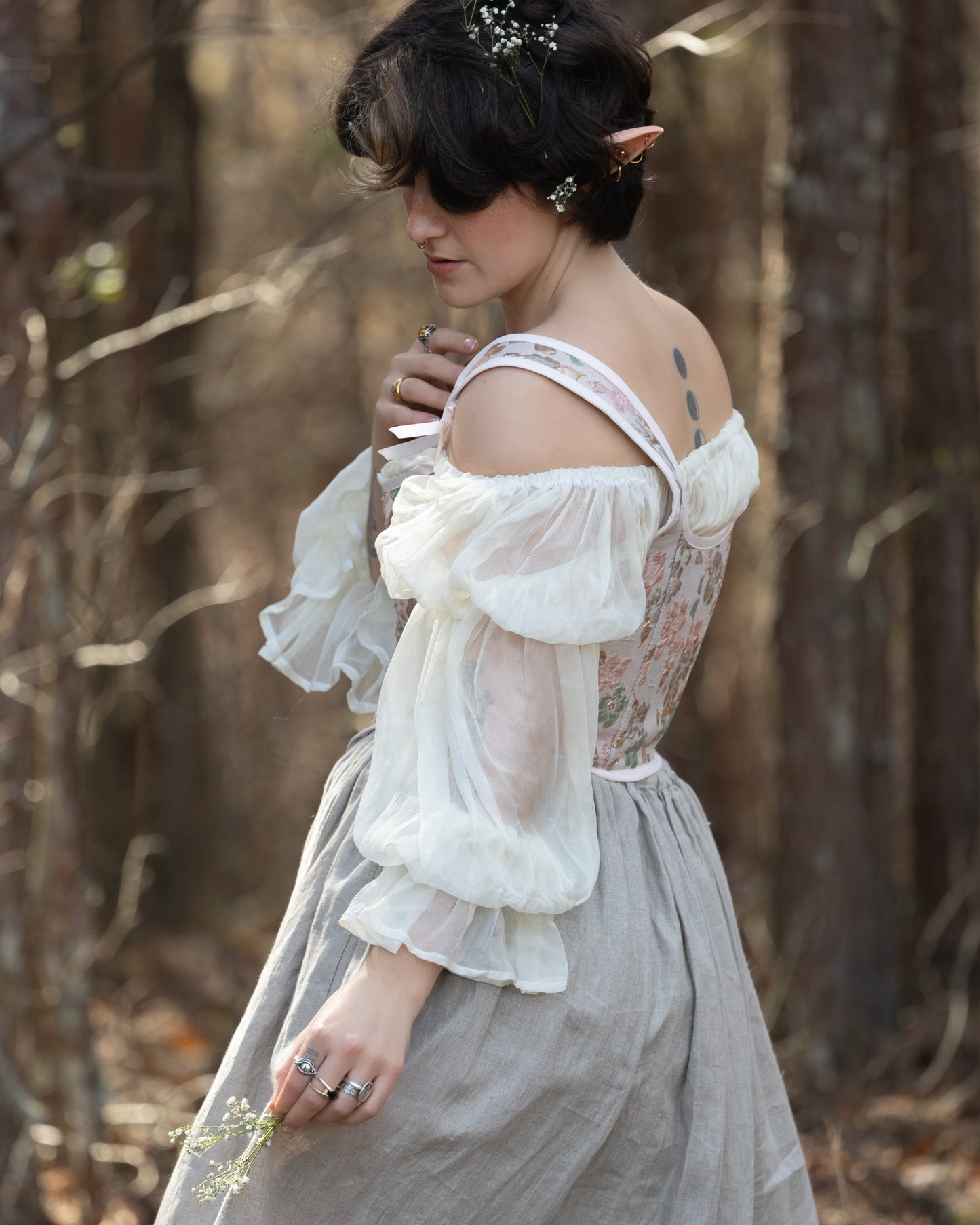 Handmade Pink Gold and Green Jacquard Corset