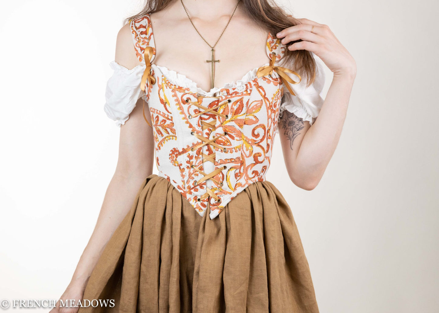 READY TO SHIP Falling Leaves Orange and Gold Paisley Renaissance Corset