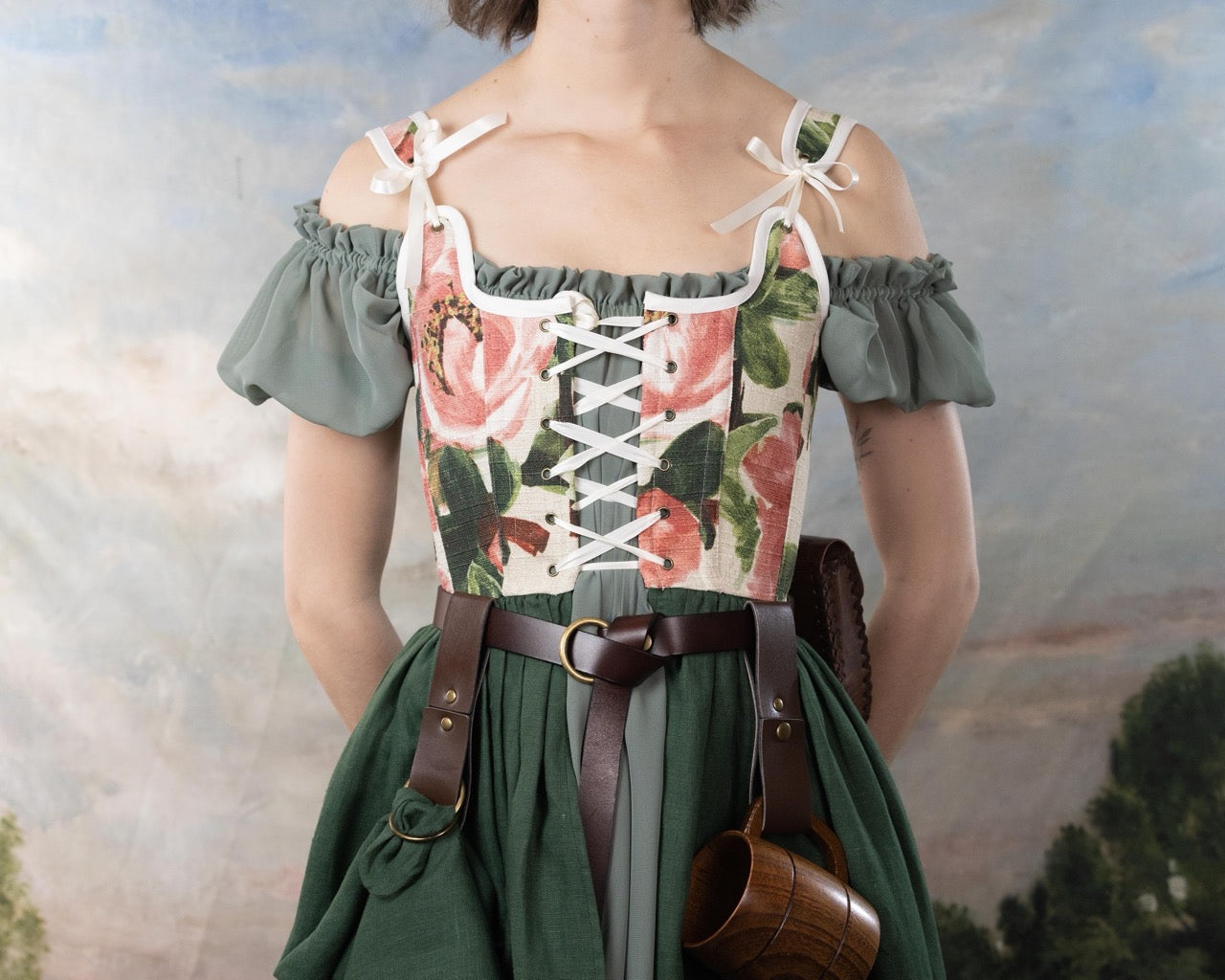 Handmade Pink and Green Floral Linen Corset Dress