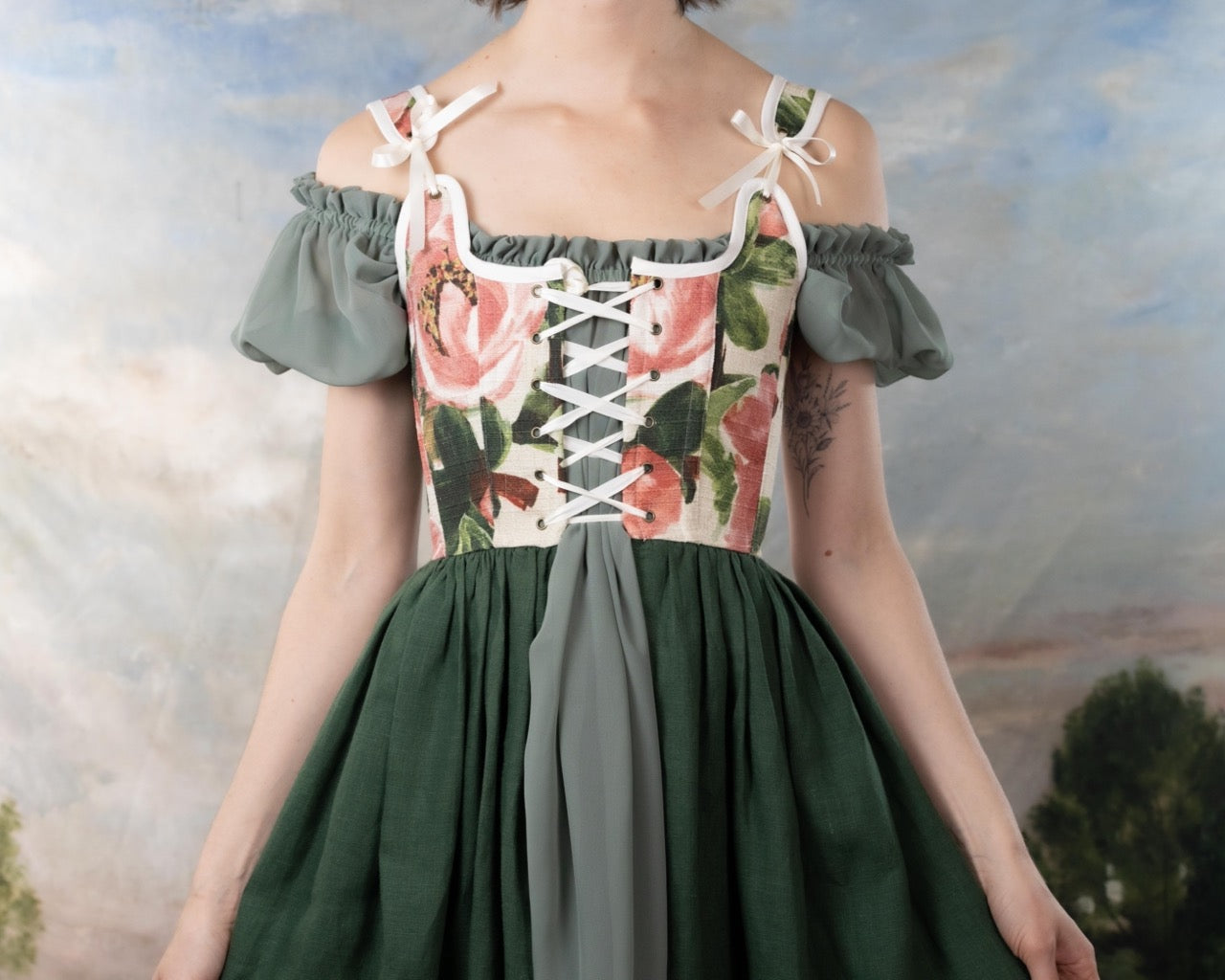 Handmade Pink and Green Floral Linen Corset Dress