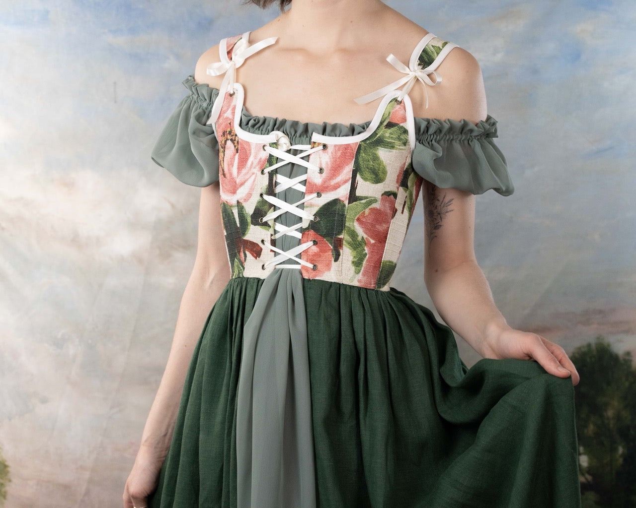 Handmade Pink and Green Floral Linen Corset Dress