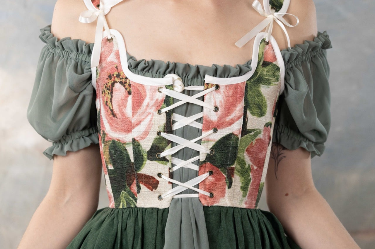Handmade Pink and Green Floral Linen Corset Dress