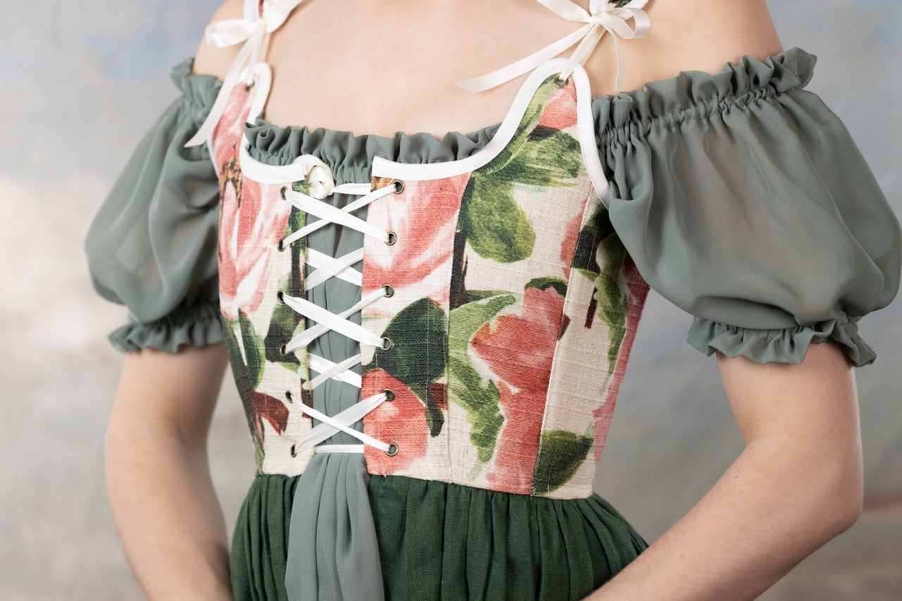 Handmade Pink and Green Floral Linen Corset Dress