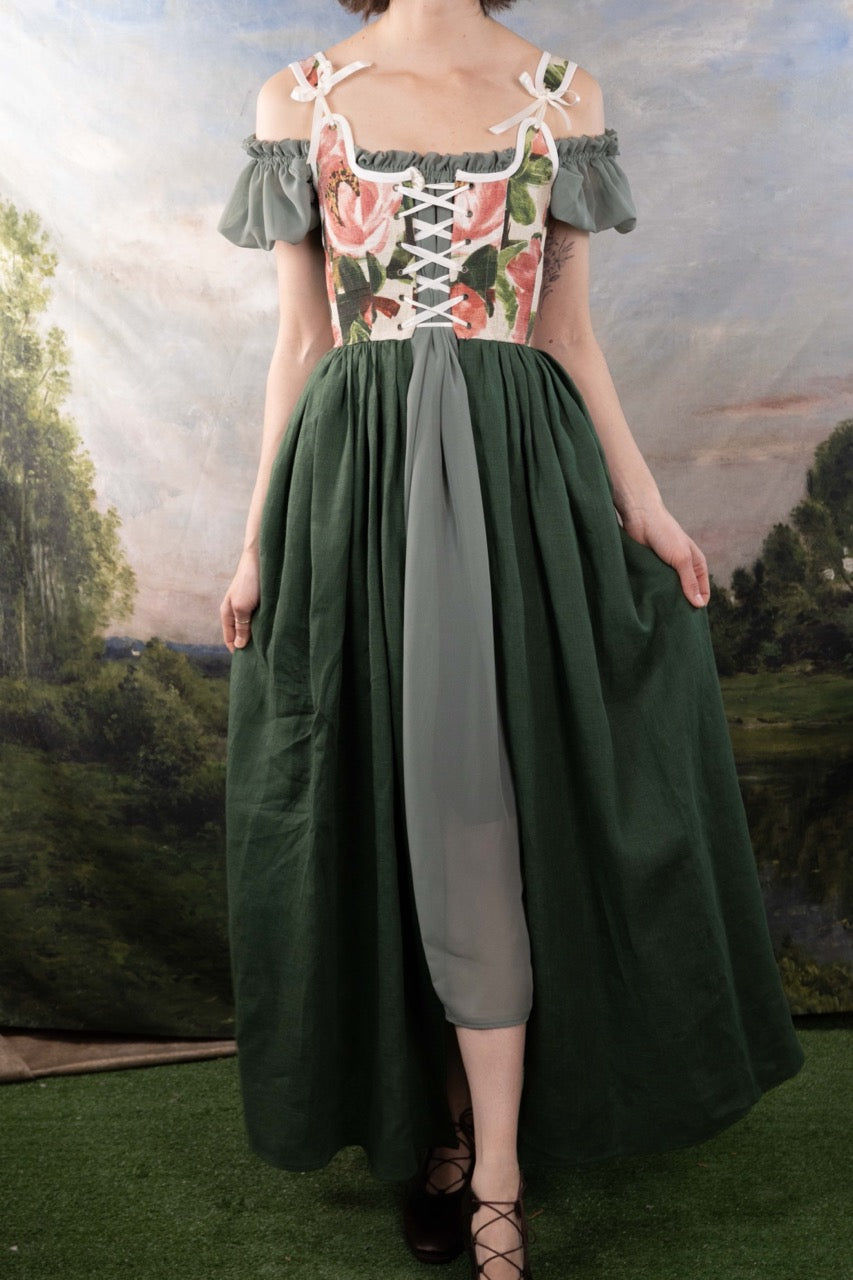 Handmade Pink and Green Floral Linen Corset Dress