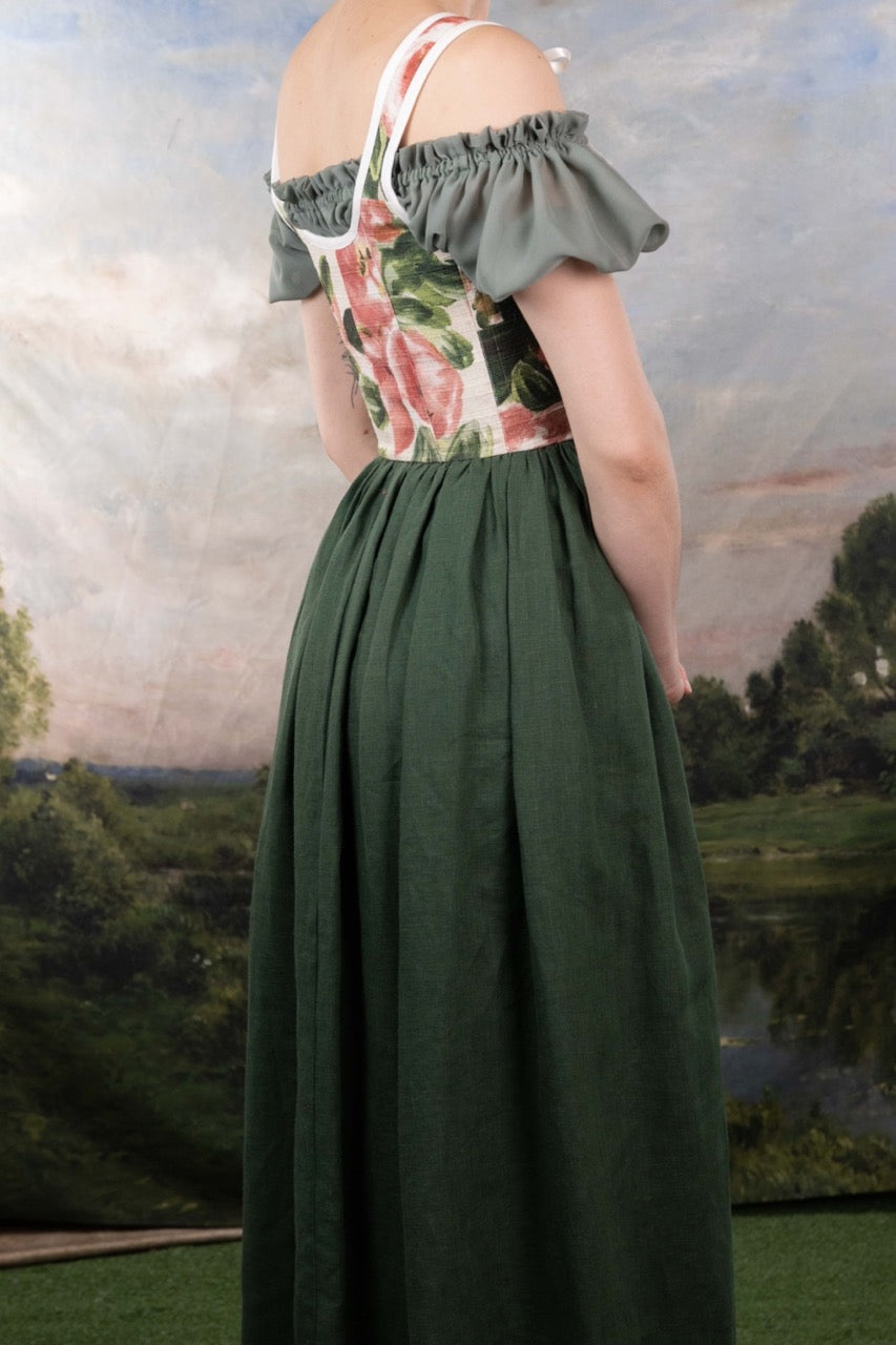 Handmade Pink and Green Floral Linen Corset Dress