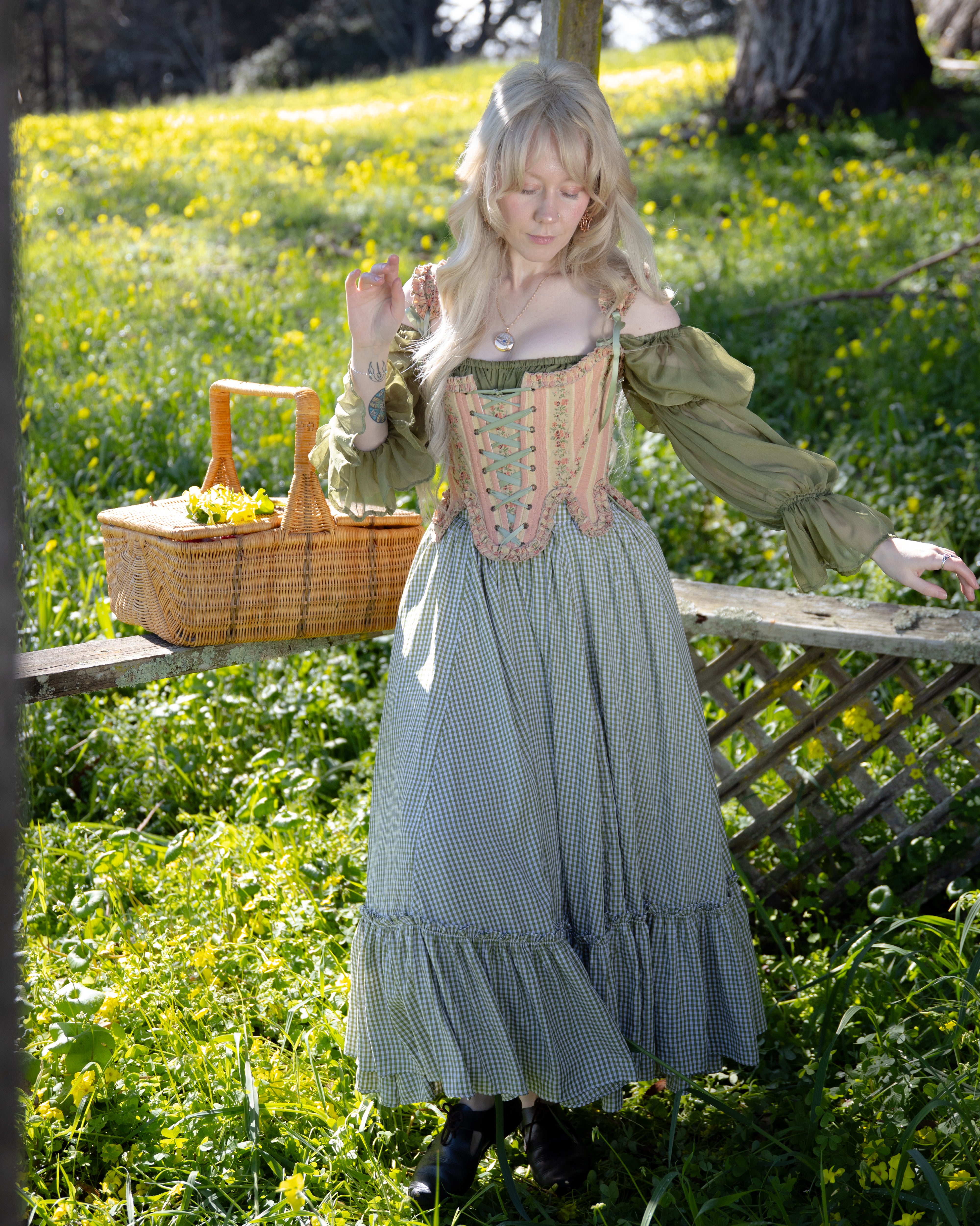Green Gingham Ruffle Skirt | 18th Century Rococo Costume – French