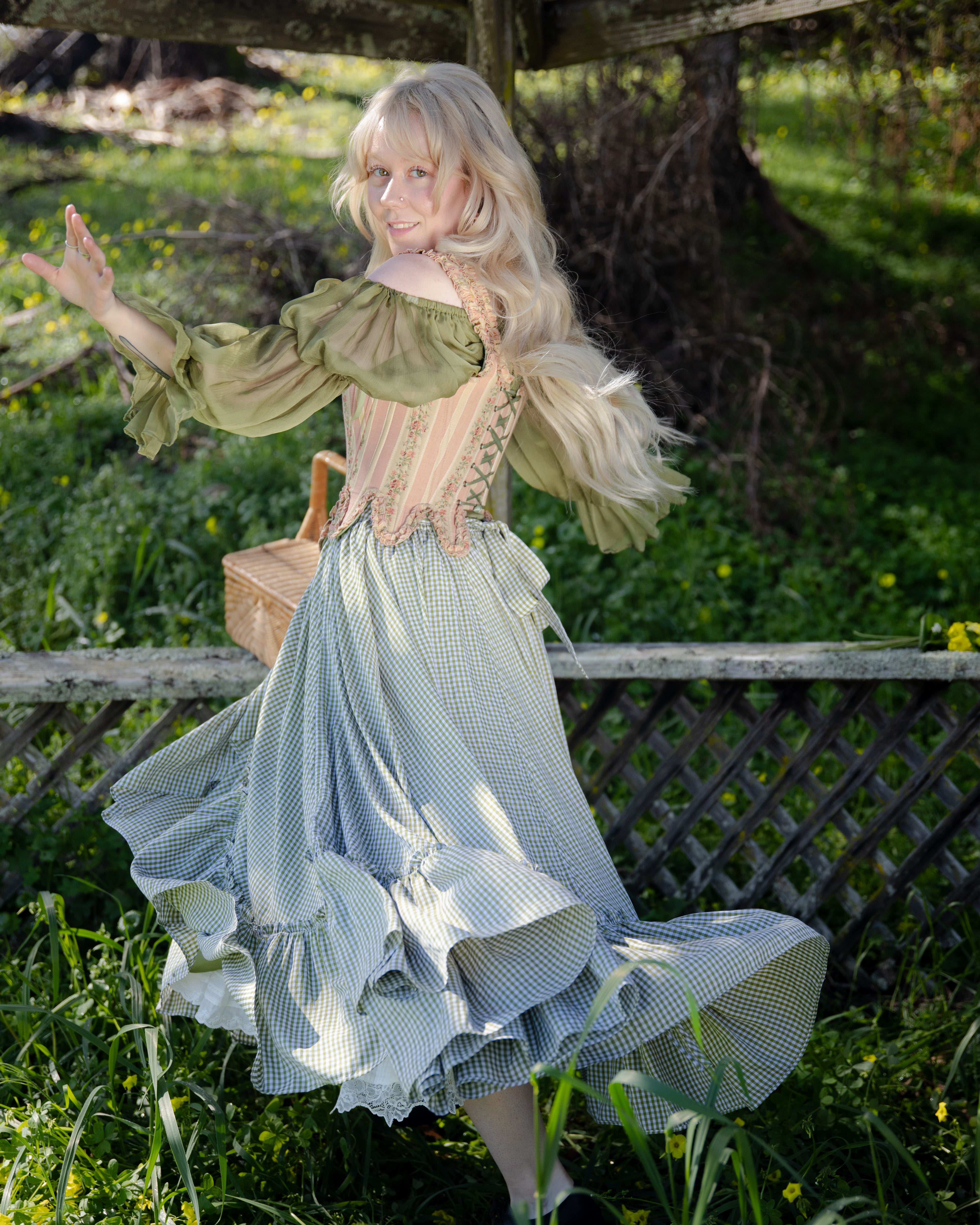 Green Gingham Ruffle Skirt | 18th Century Rococo Costume – French