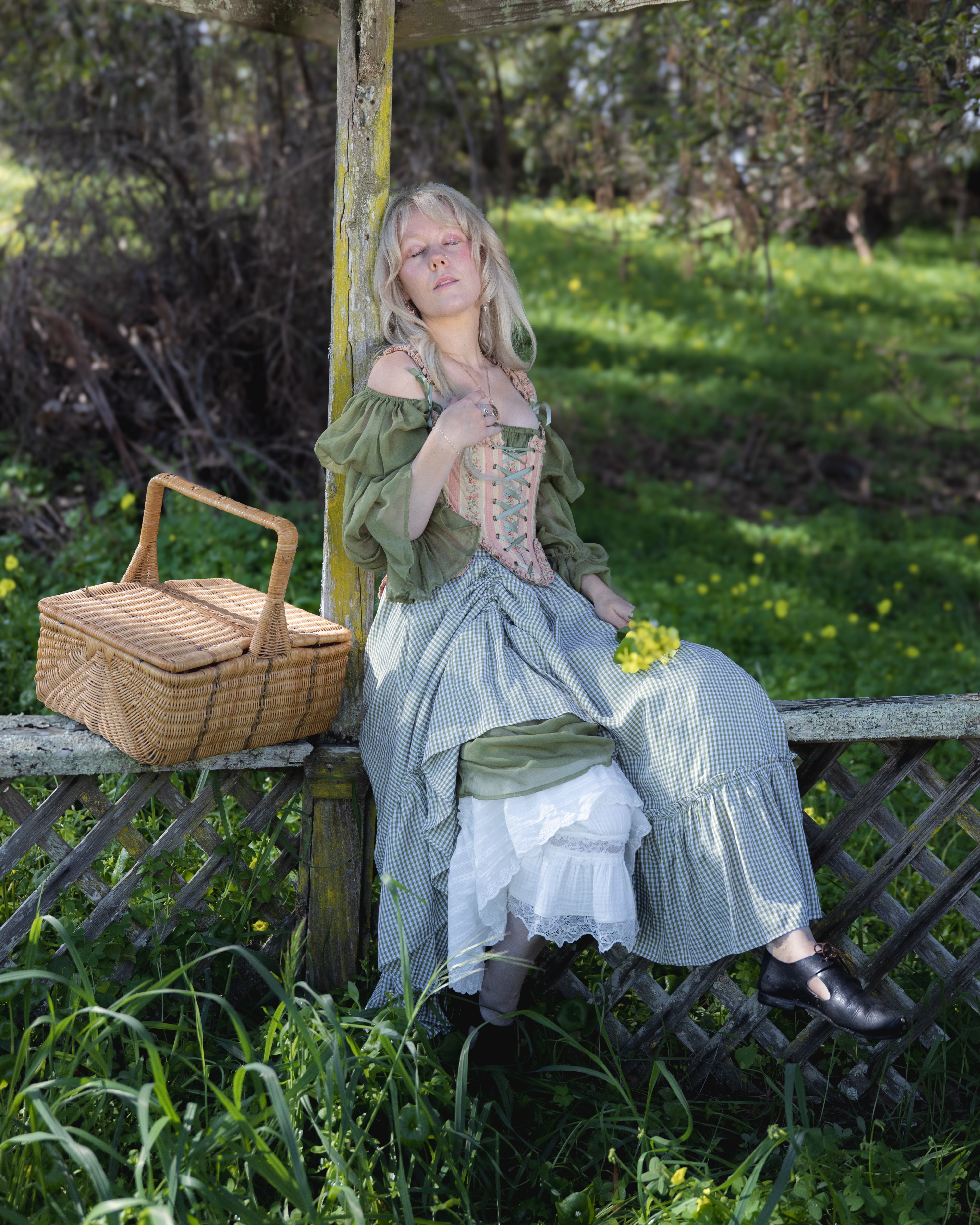 Green Gingham Ruffle Skirt | 18th Century Rococo Costume – French