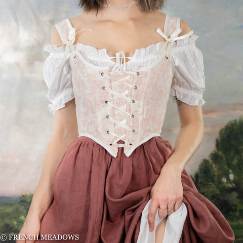 Handmade Pink and White Toile Renaissance Bodice