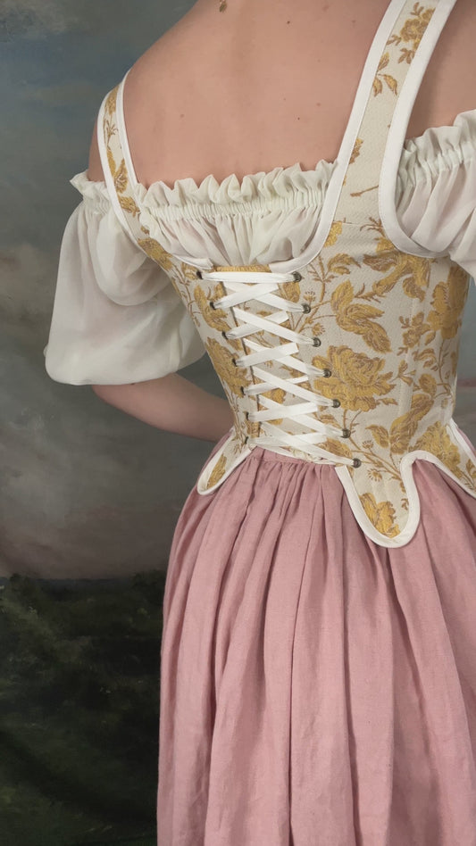 Handmade Yellow Floral Jacquard 18th Century Stays