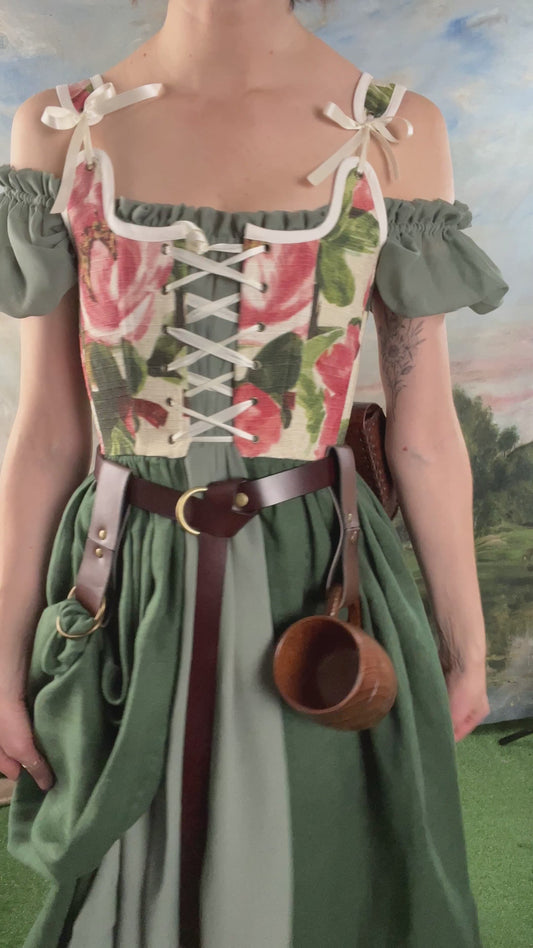 Handmade Pink and Green Floral Linen Corset Dress