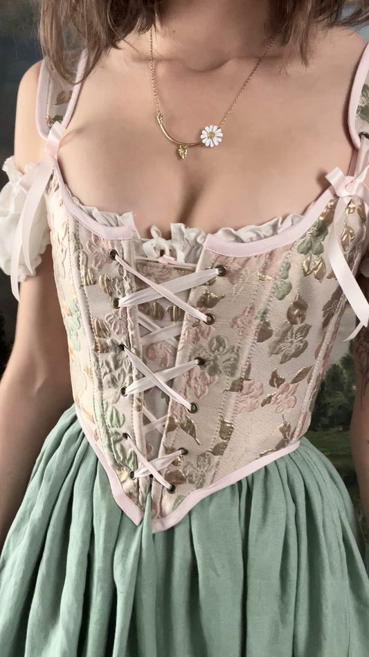 Handmade Pink Gold and Green Jacquard Corset