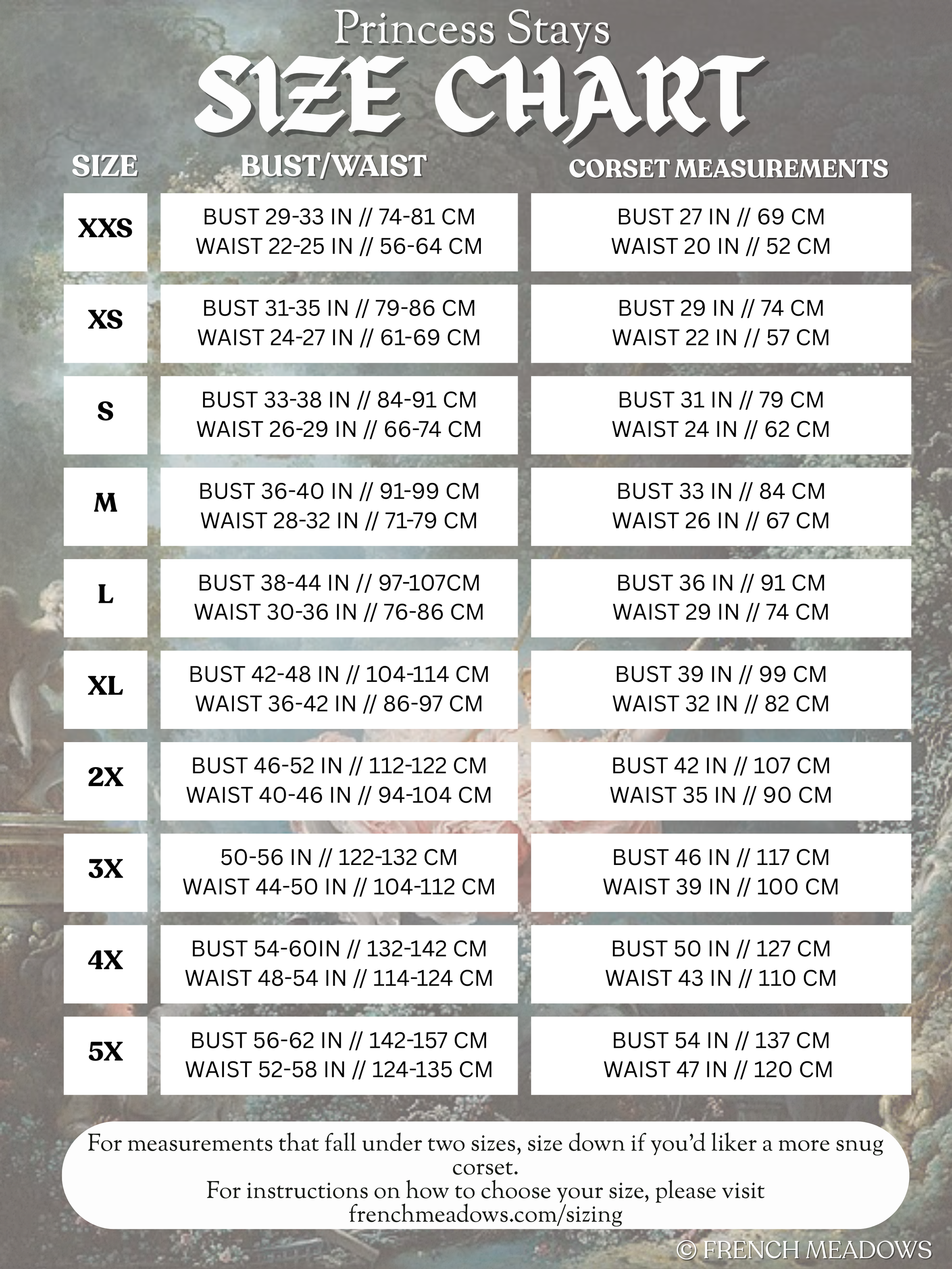 Size chart for Raspberry Vines Princess Stays showing bust, waist, and corset measurements in inches and centimeters