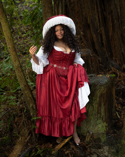 Portrait of woman wearing Dark Red Ruffle Skirt outdoors, cinched with adjustable drawstrings, gallery position 2, 4000x5000 pixels