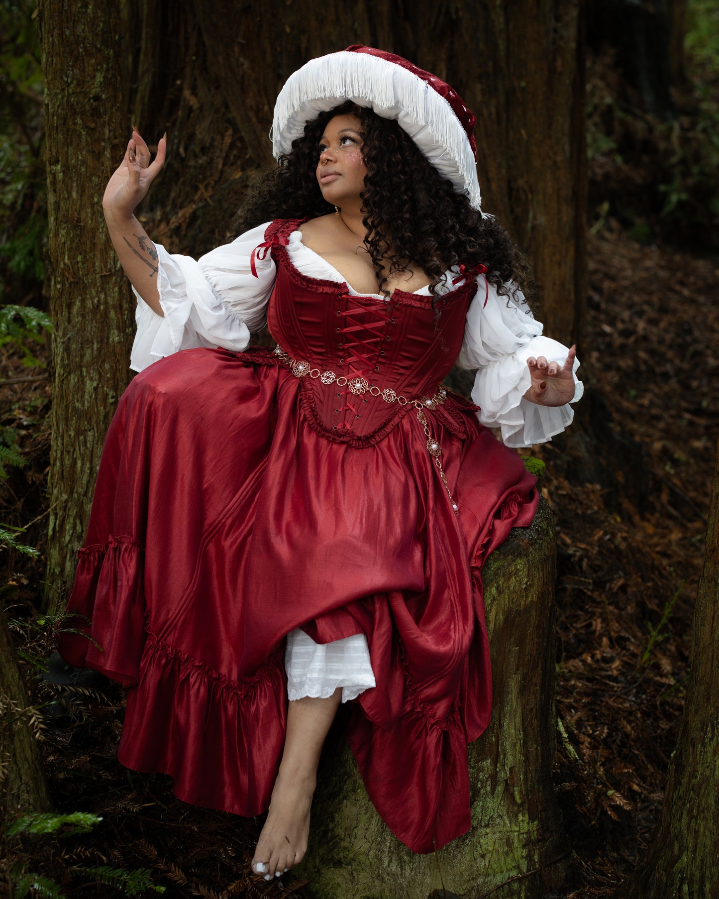 Red Satin 18th Century Stays in gallery position 1, portrait orientation, showing rich ruffled trims and dramatic silhouette.