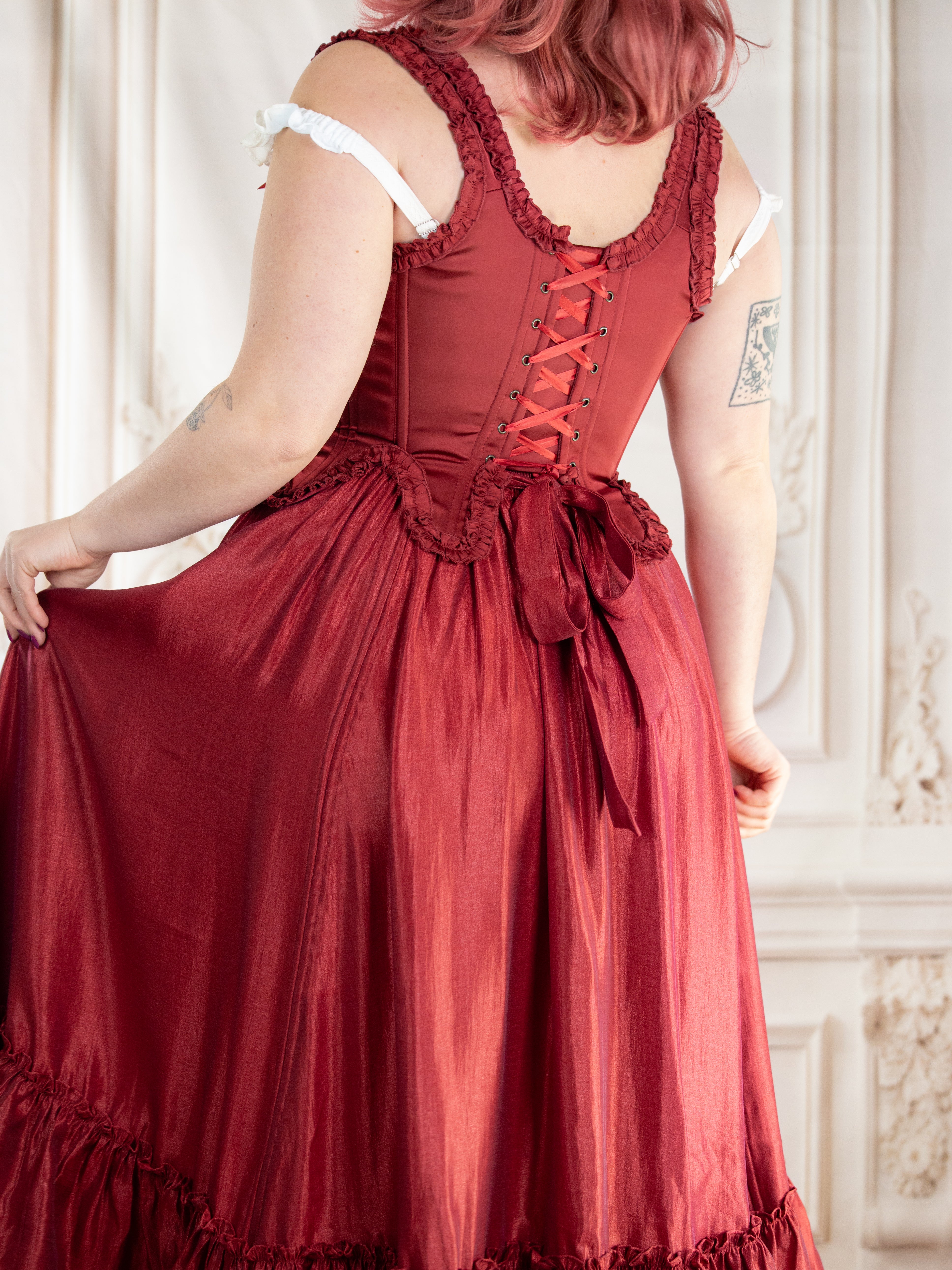 Red Satin 18th Century Stays | Ruffle Rococo Corset – French Meadows