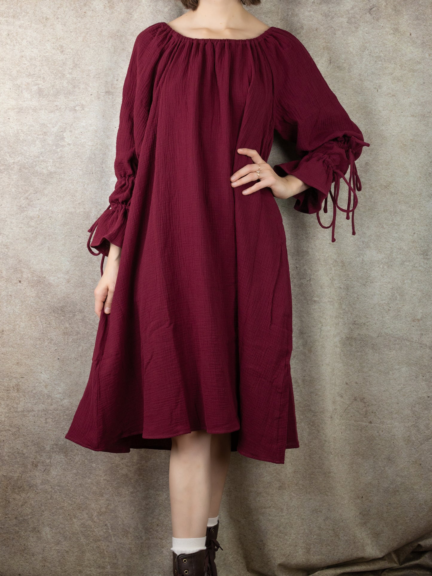 Dark Red Cotton Long Puff Sleeve Chemise