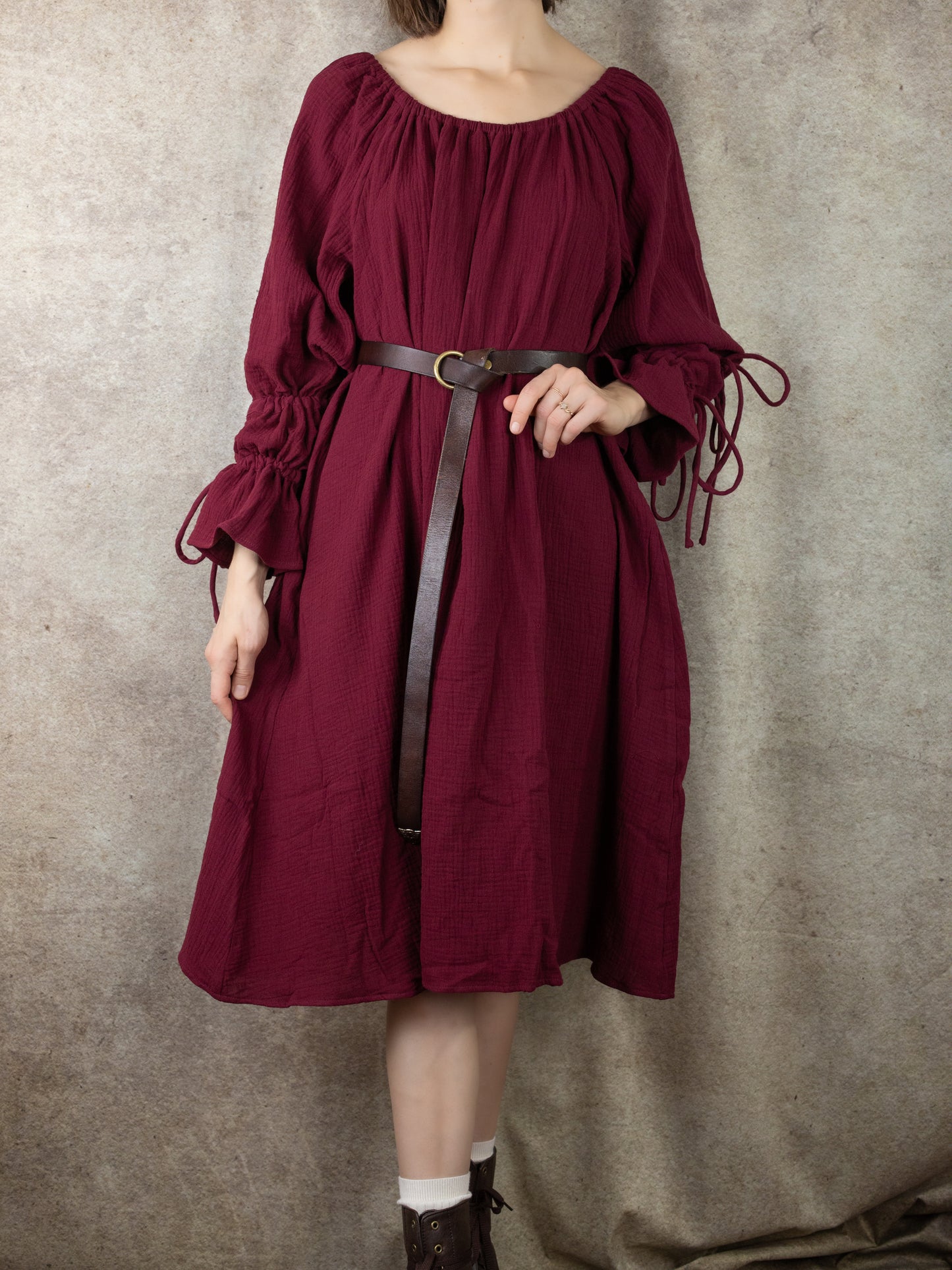 Dark Red Cotton Long Puff Sleeve Chemise