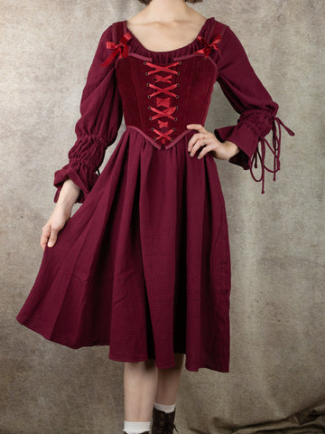 Dark Red Cotton Long Puff Sleeve Chemise