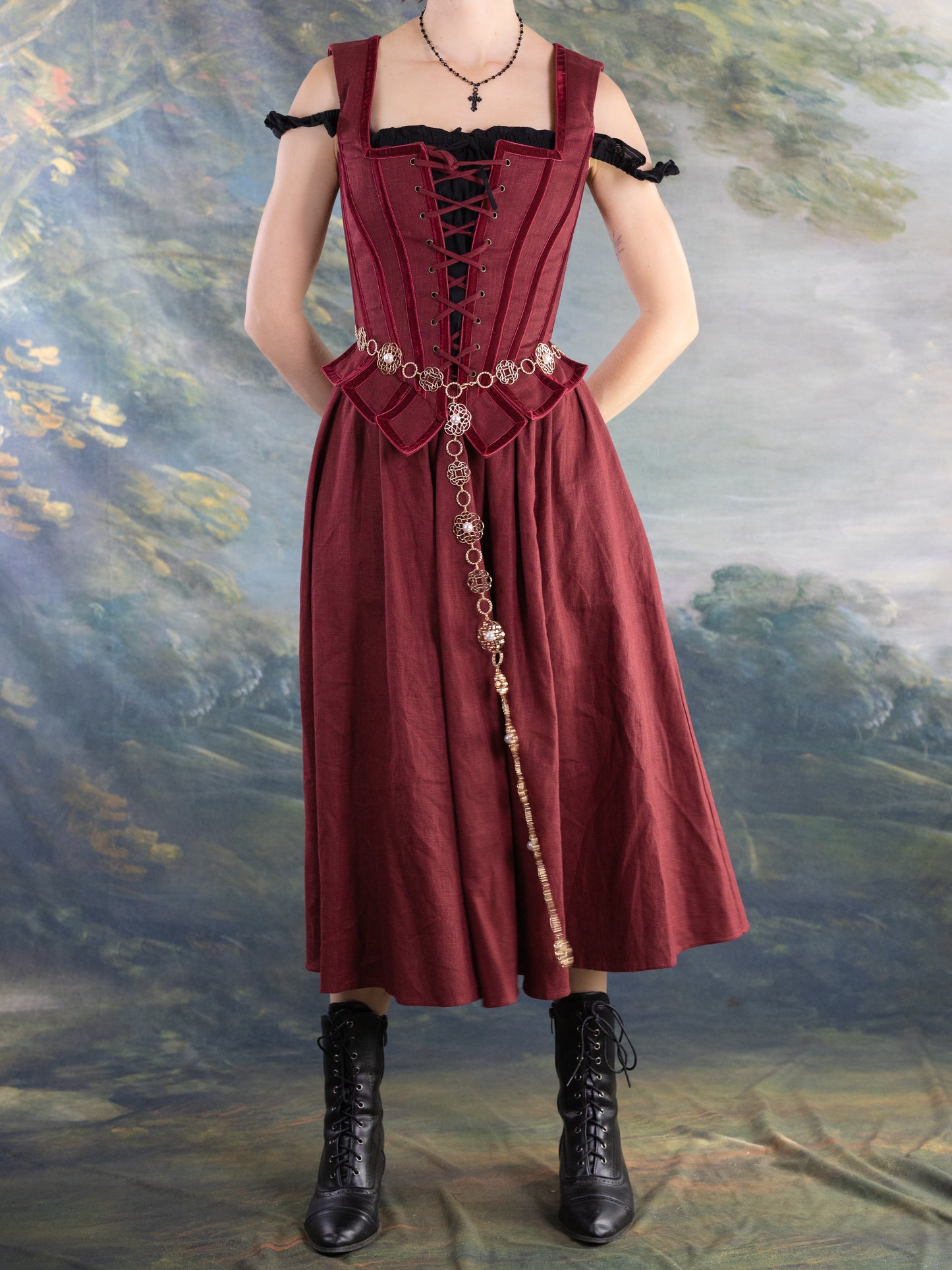 Burgundy Ramie Midi Skirt styled with corset and boots for a versatile renaissance or cottagecore look