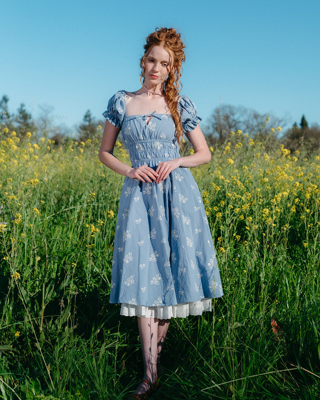 cottage core dress Blue Floral Milkmaid Dress