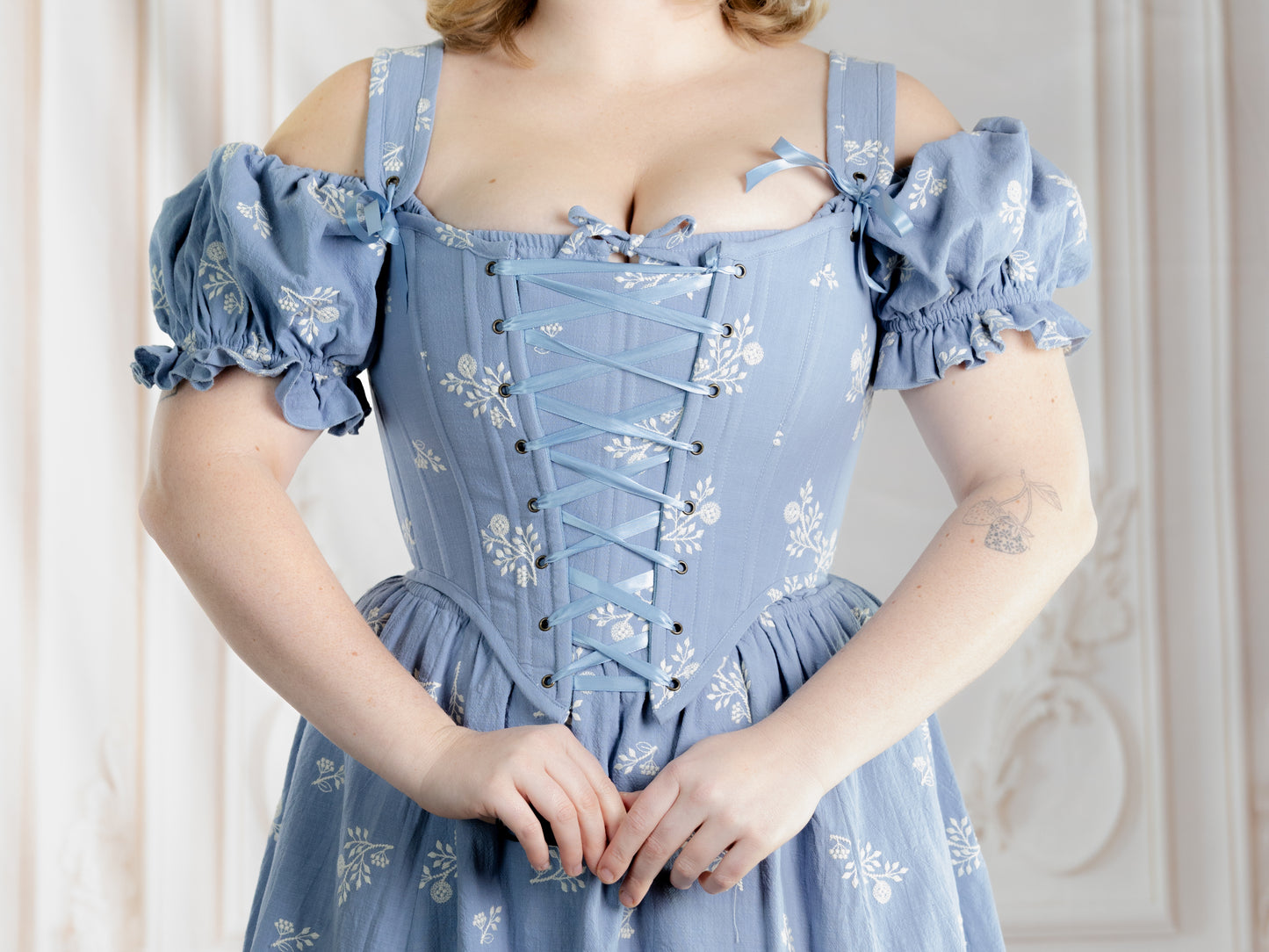 Regency Blue Floral Corset with lace-up front and puff sleeves in soft cotton blend fabric with delicate floral pattern