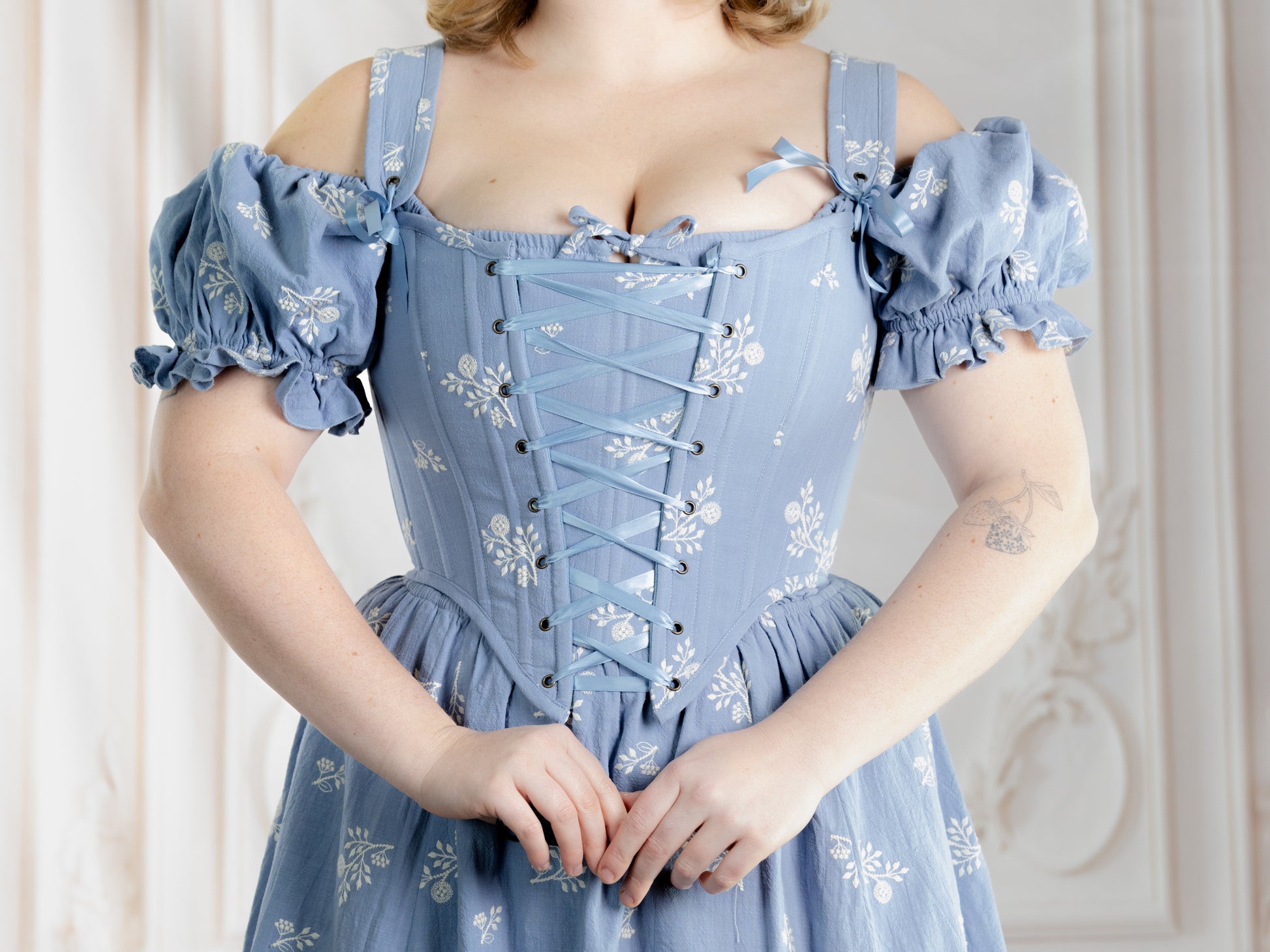 Regency Blue Floral Corset with lace-up front and puff sleeves in soft cotton blend fabric with delicate floral pattern