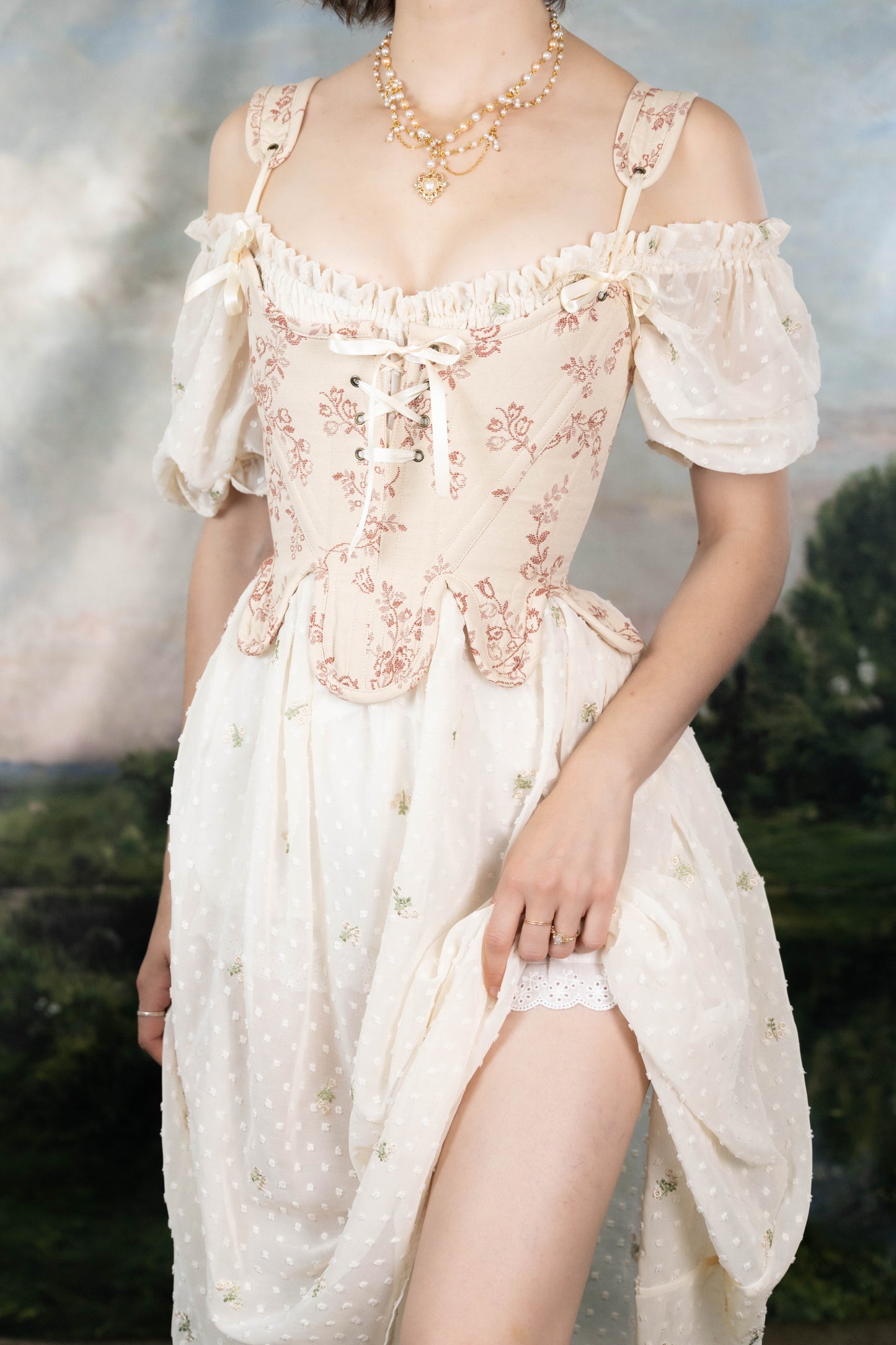 Handmade Rosey Ivory Floral 18th Century Stays