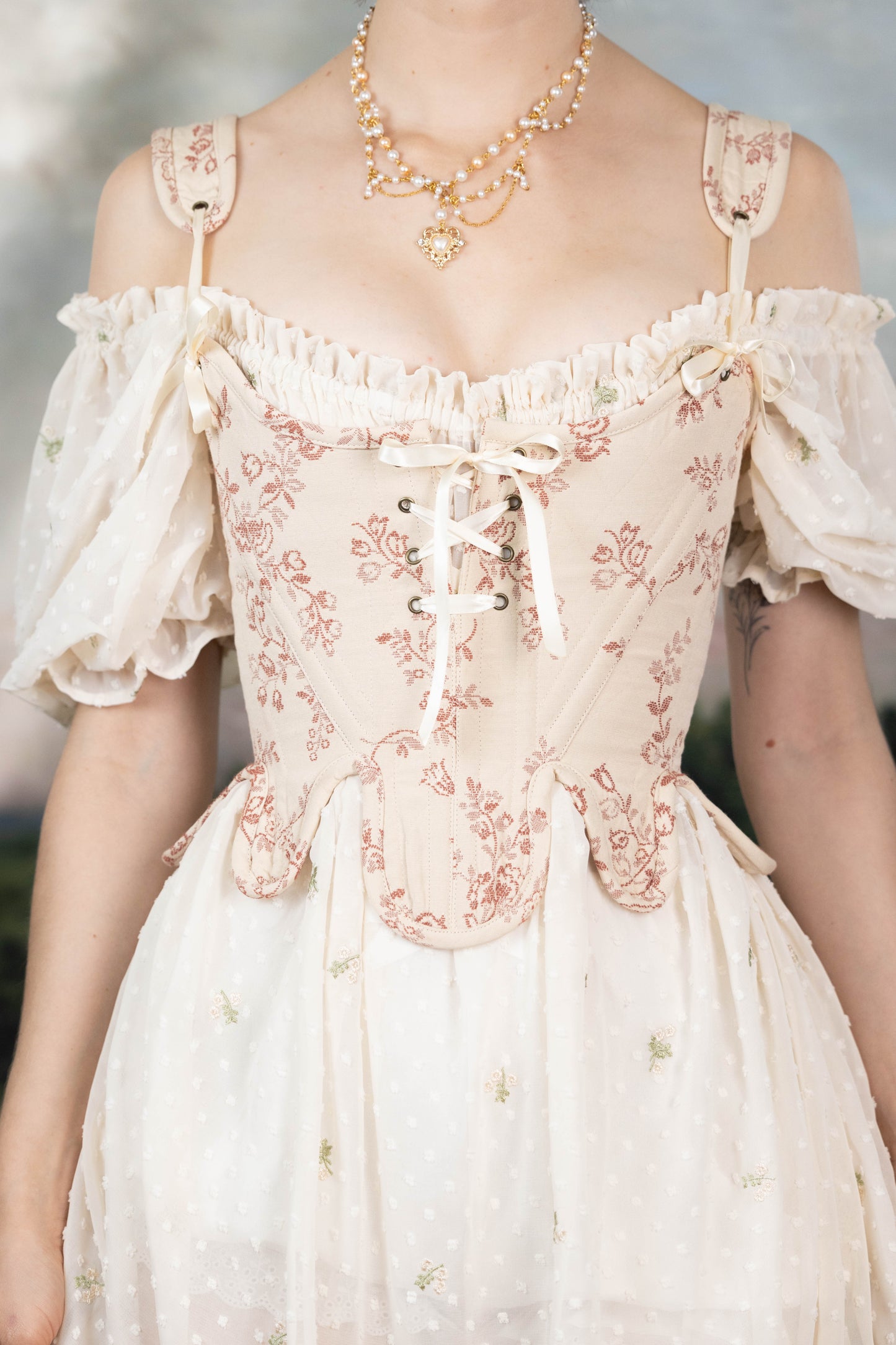 Handmade Rosey Ivory Floral 18th Century Stays