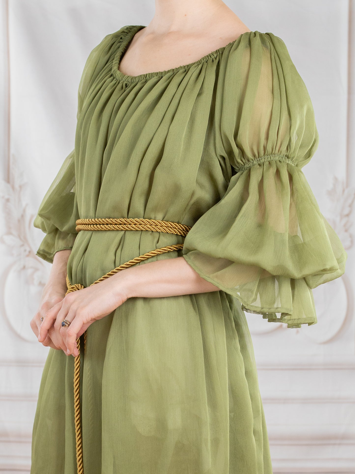 Sage Chiffon Chemise in airy crinkle fabric with gathered neckline and puffed sleeves, styled with a gold rope belt