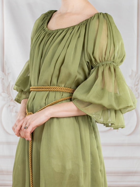 Sage Chiffon Chemise in airy crinkle fabric with gathered neckline and puffed sleeves, styled with a gold rope belt