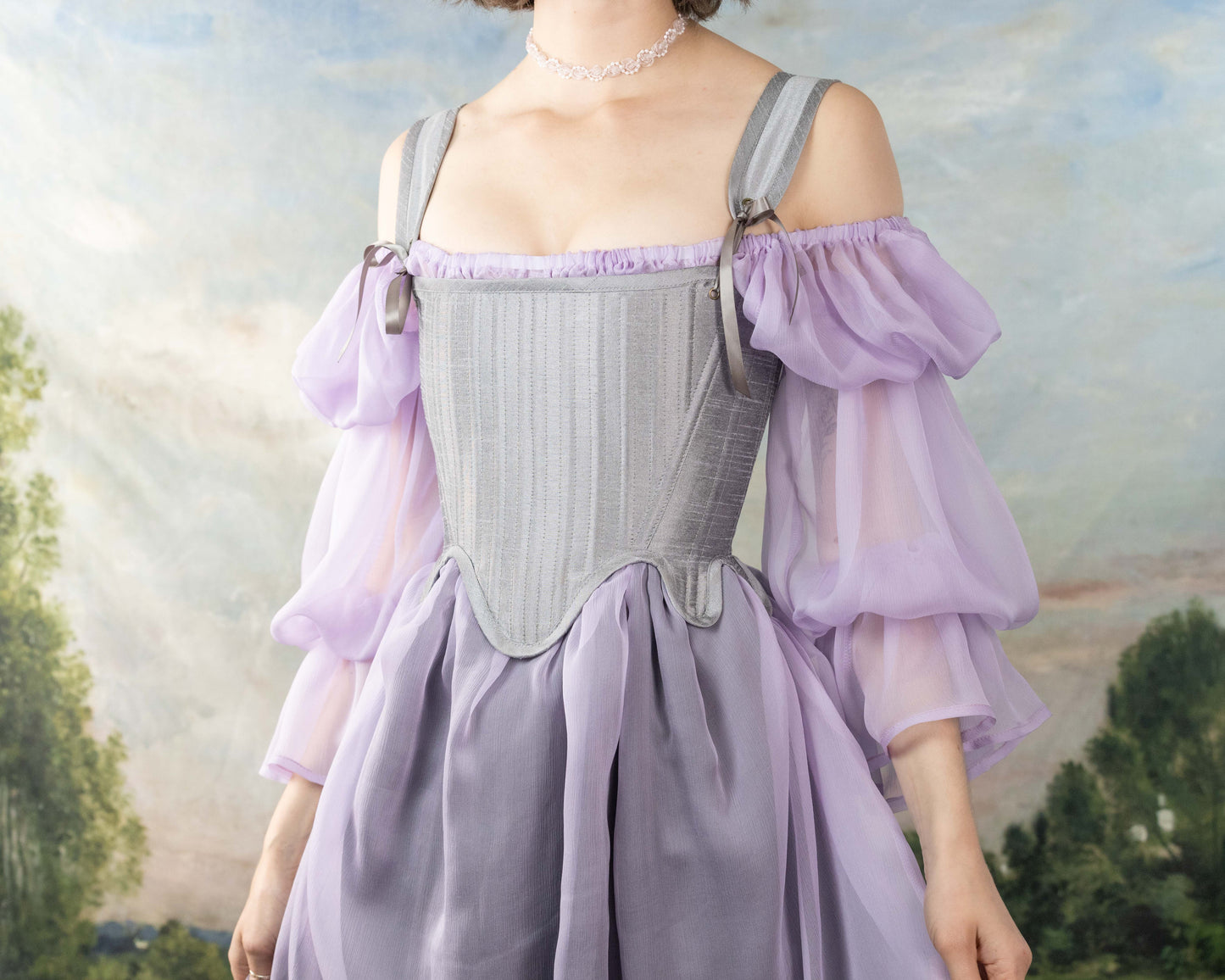 Handmade Silver Dupioni Tudor Stays