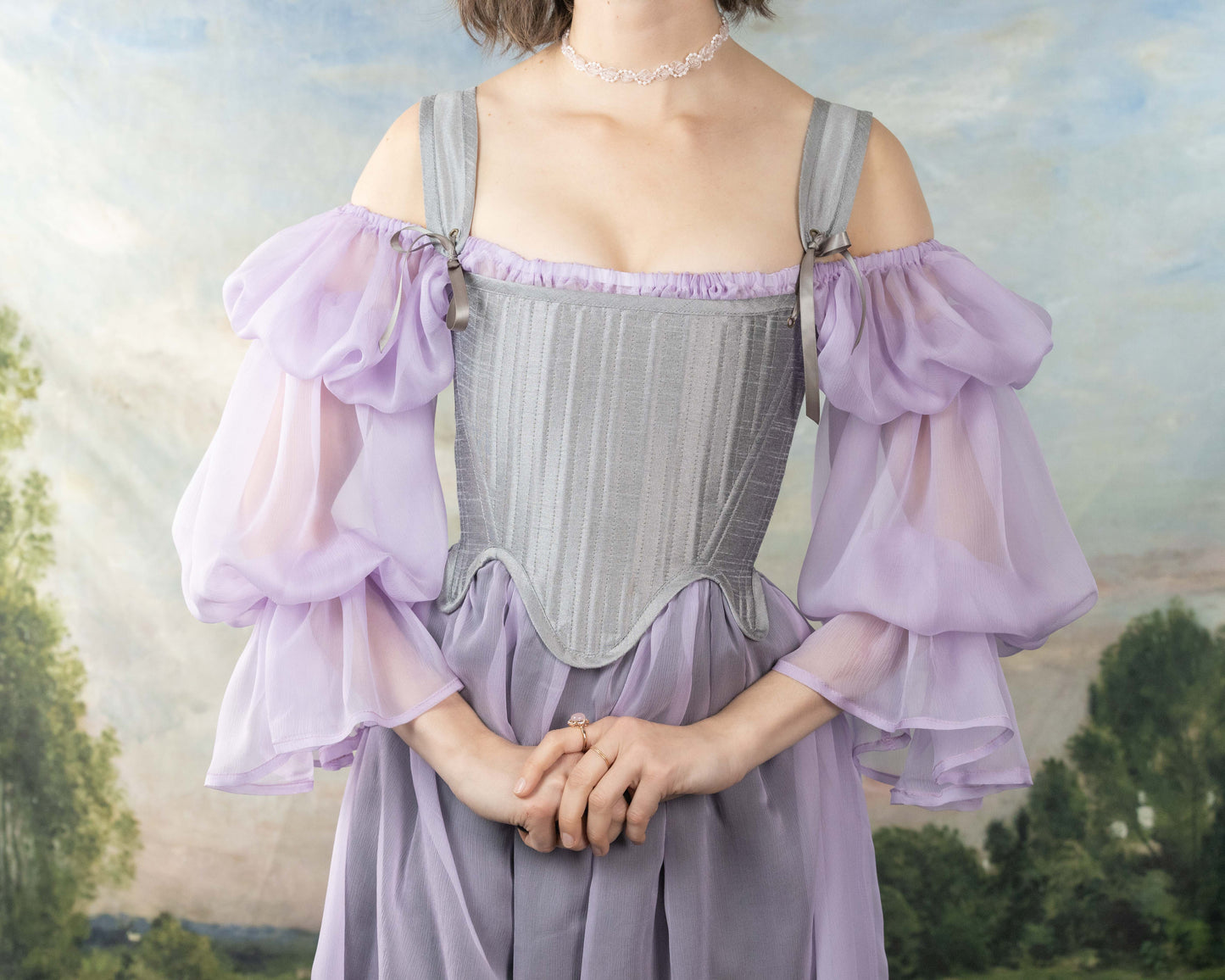 Handmade Silver Dupioni Tudor Stays