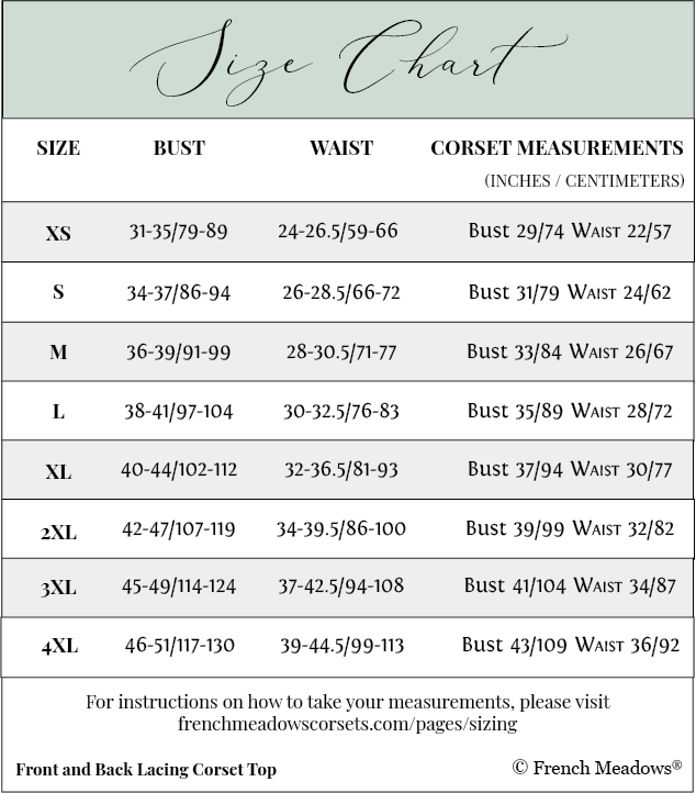 size chart front lacing corsets