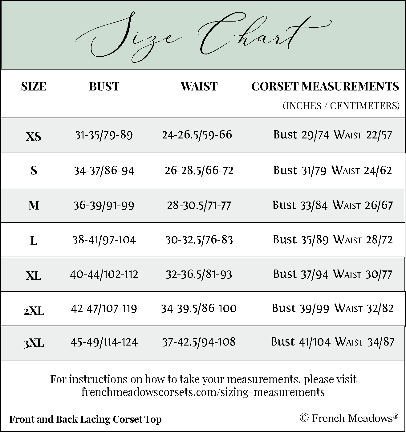 size chart for a front and back lacing corset with removable straps