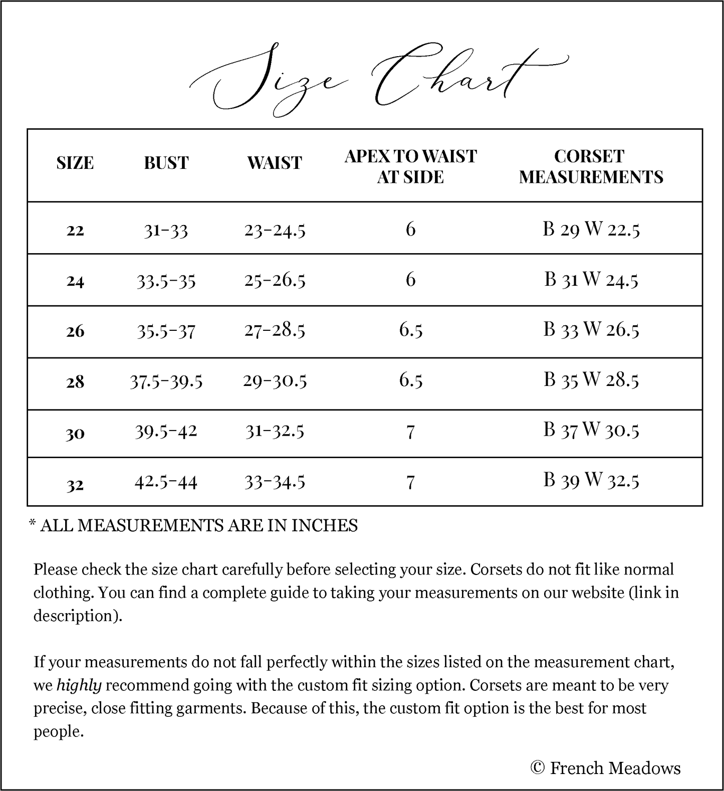 Size chart listing bust, waist, apex to waist at side, and corset measurements in inches for sizes 22 to 32.