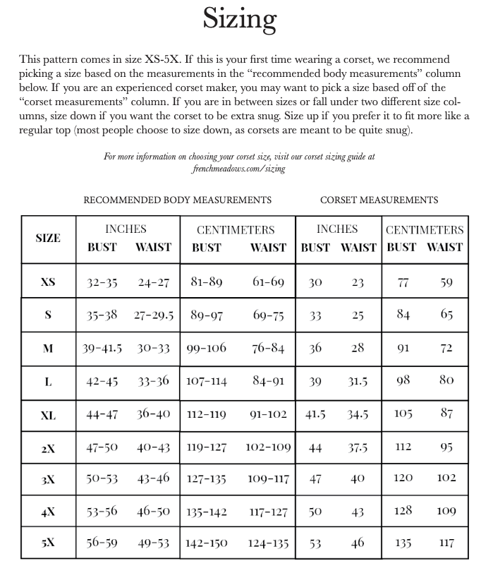 Sizing chart showing recommended body and corset measurements in inches and centimeters for 18th Century Stays Corset Sewing Pattern sizes XS to 5X