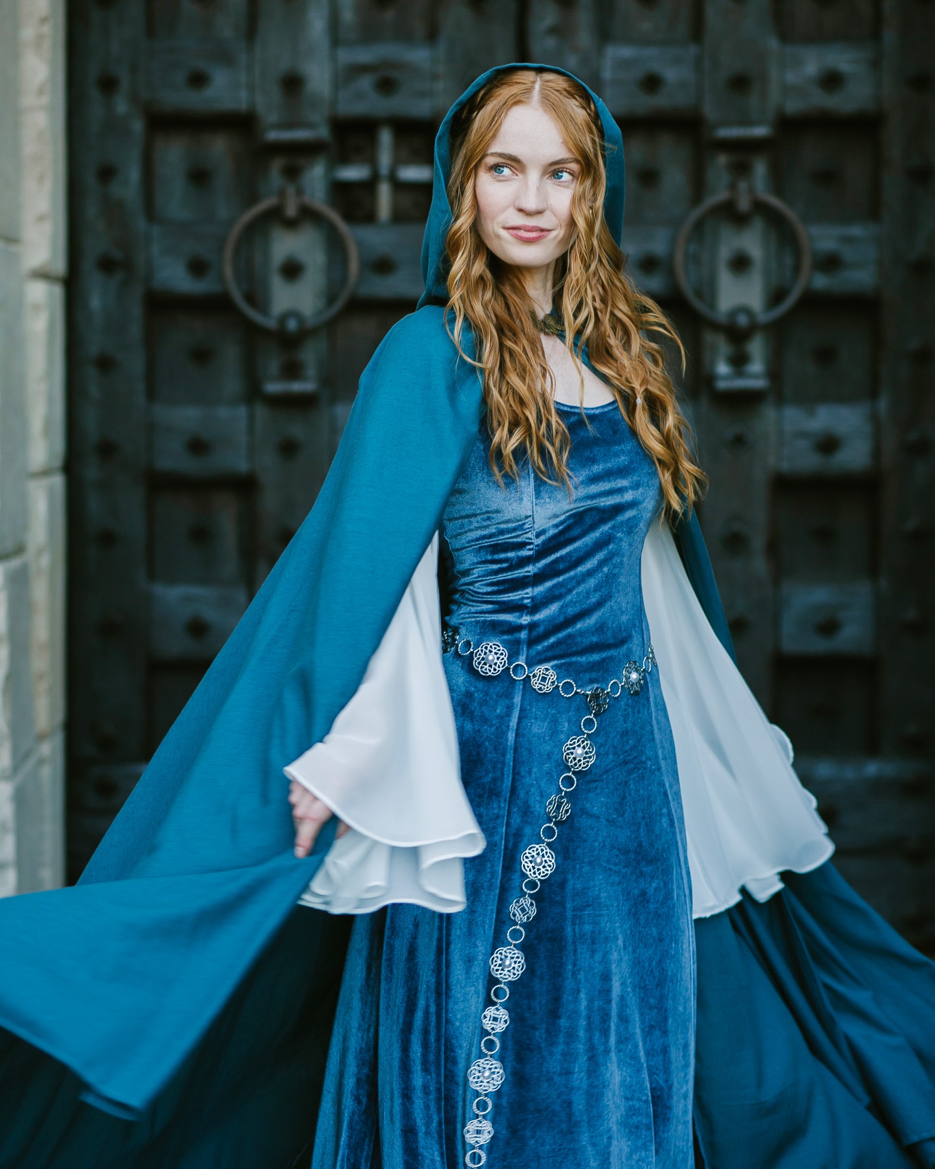 Elven Blue Velvet Bell Sleeve Dress S Elven Blue Velvet Bell Sleeve Dress S